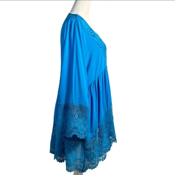 Gypsy Boho Tunic Top | Lace Crochet Detail | Blue Medium - Picture 4 of 9
